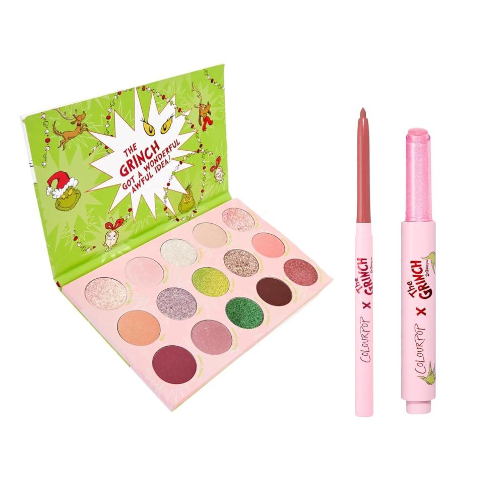 imageColourPop Holiday Pout ampamp Palette Set  The Grinch Eyeshadow Palette 15 shades 063 oz  Pinky Who Lip Kit 2 ct Limited Edition Eye ampamp Lip Makeup Duo for Bold Color ampamp Glossy Glam